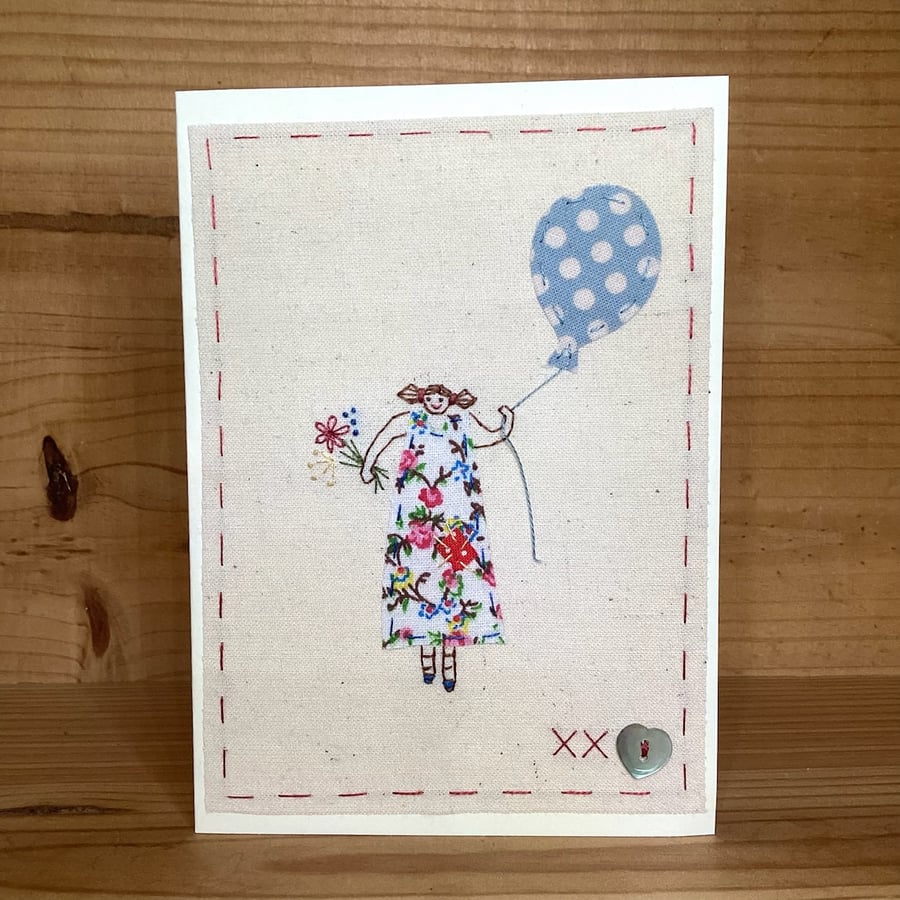 Girl in a flowery dress hand embroidered card