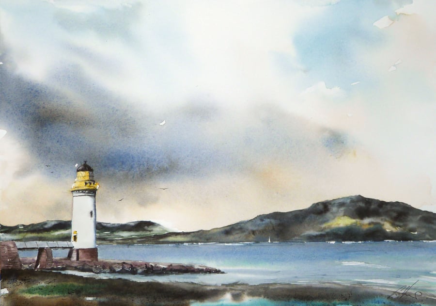 Rubha nan Gall lighthouse, Original Watercolour Painting.