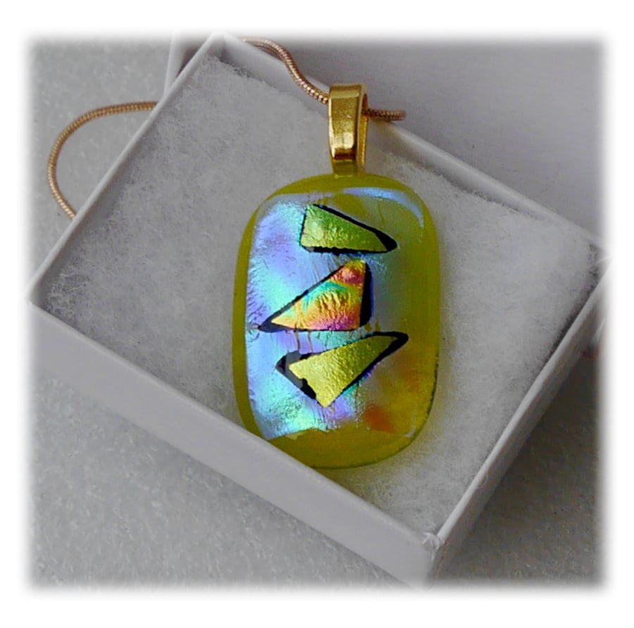 Yellow Dichroic Glass Pendant 150 Gold Triangle with gold plated chain