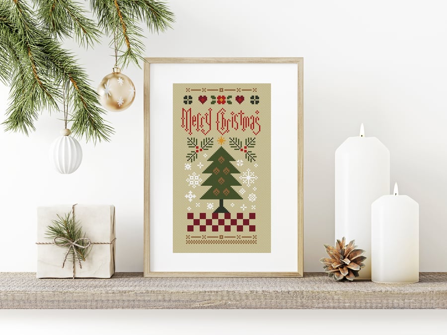 016 Cross Stitch Christmas Tree Sampler, Americana style Winter Holidays 
