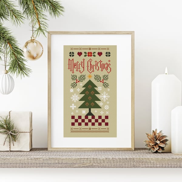 016 Cross Stitch Christmas Tree Sampler, Americana style Winter Holidays 