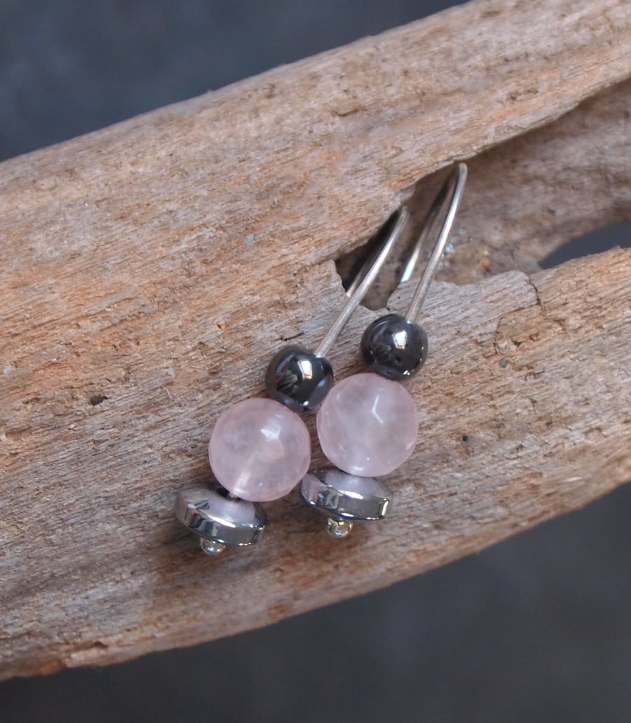 Rose Quartz earrings, silver drop earrings 