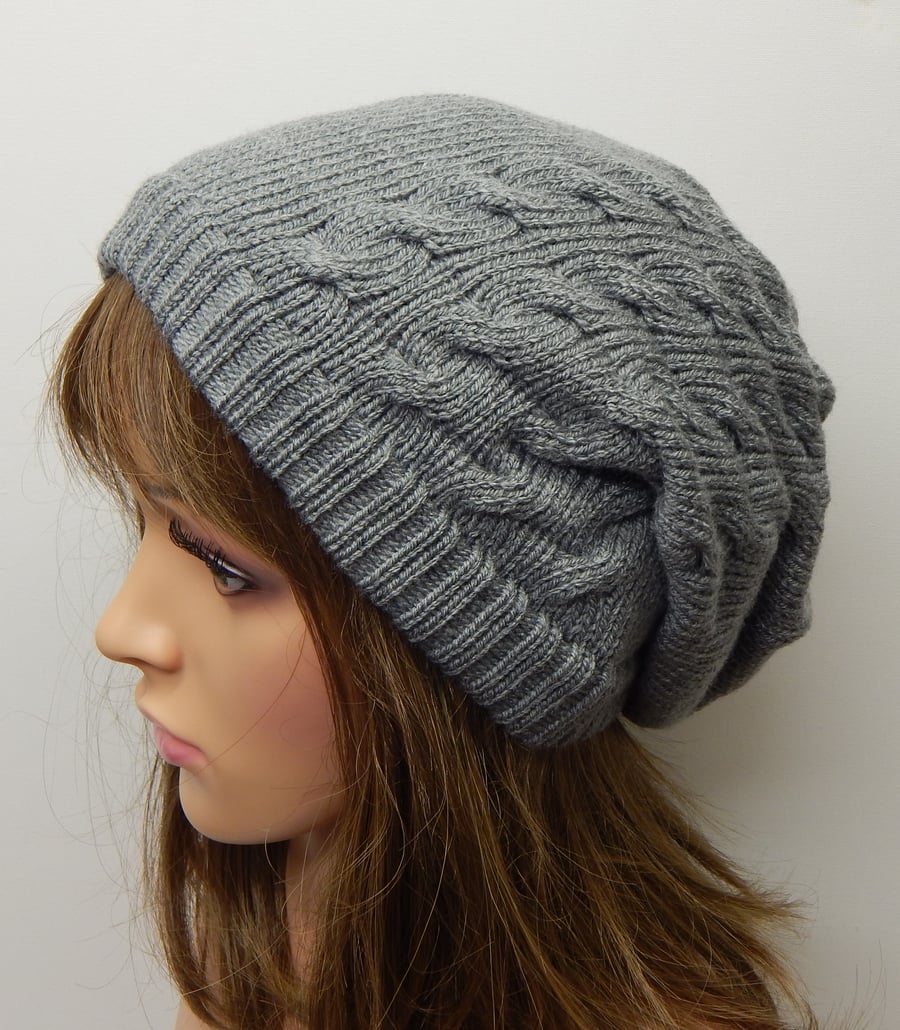 Grey women slouch hat, knitted slouchy beanie, handmade winter hat