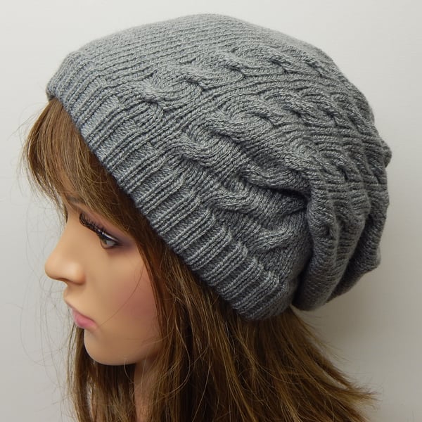 Grey women slouch hat, knitted slouchy beanie, handmade winter hat