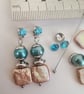 Blue oval & golden square cultured pearl, dangle earrings, cubic zirconia stud - Image 10