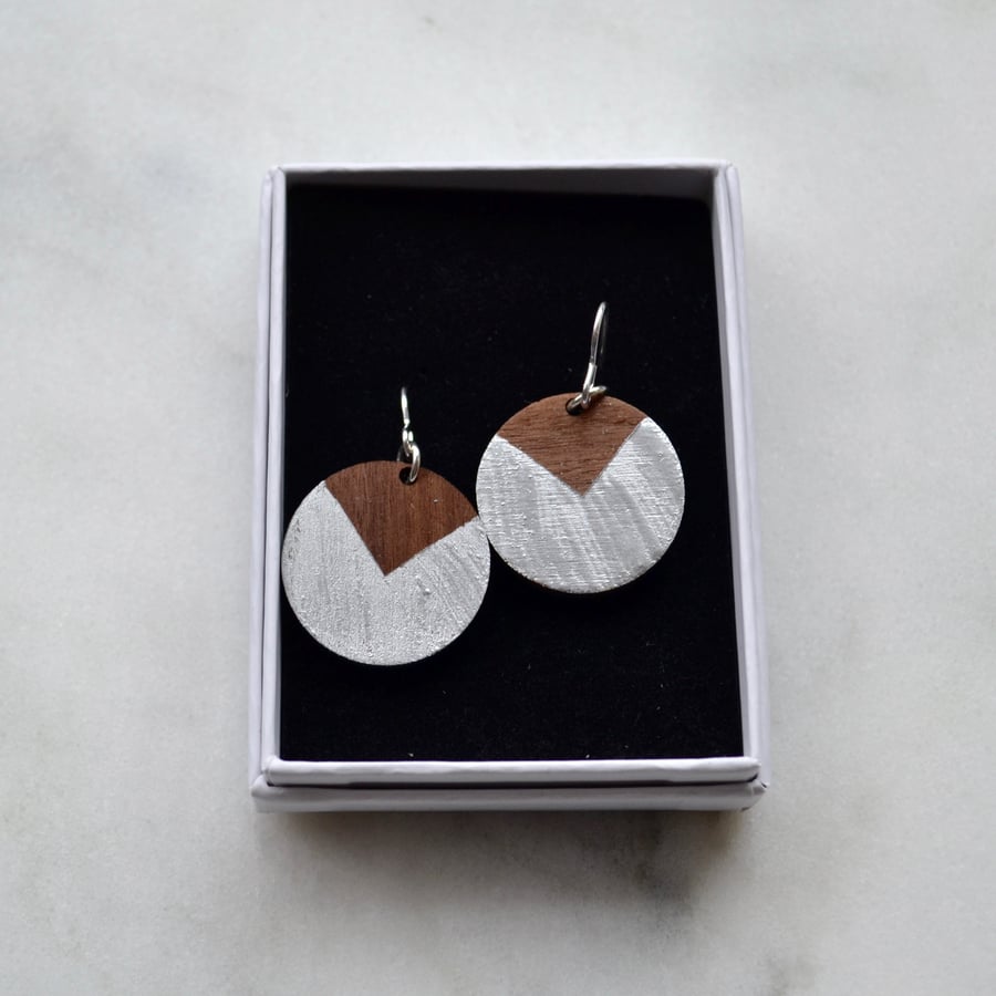 Wooden Quadrant Circle Dangly Earring with Silver Leaf