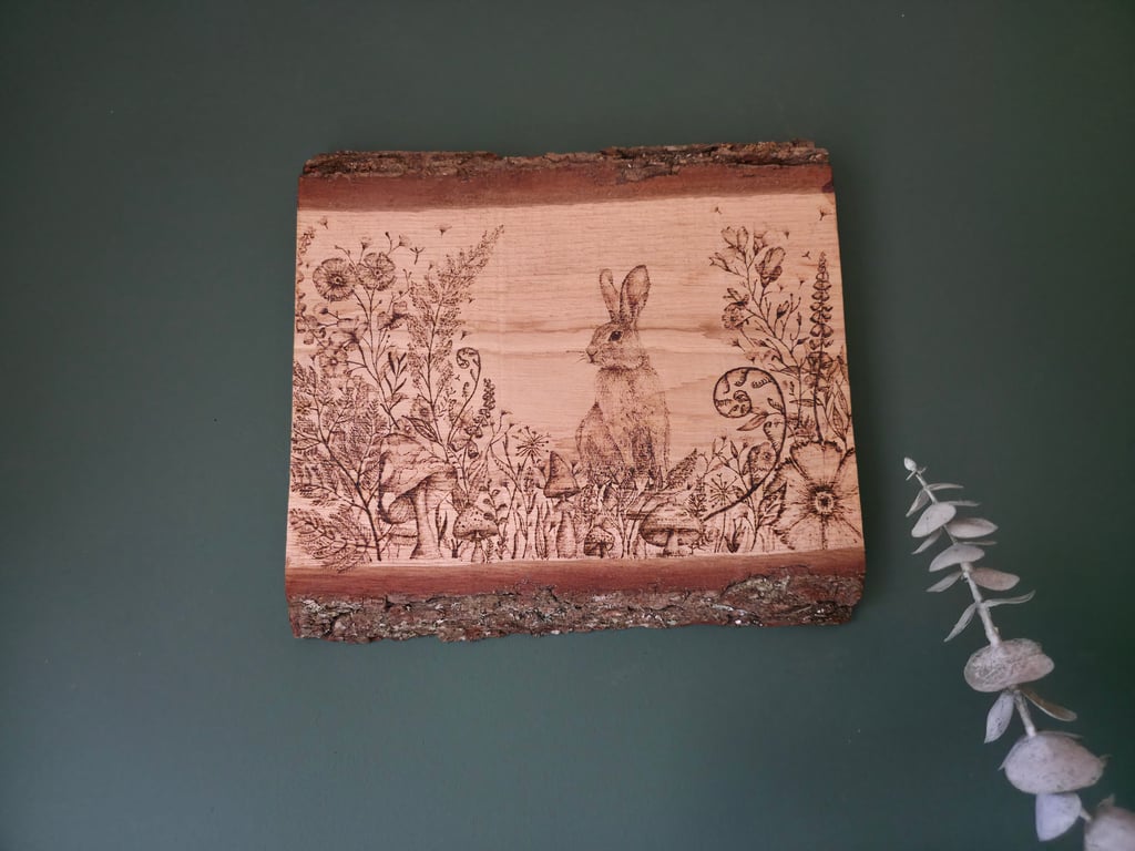 Bunny pyrography on live edge board 