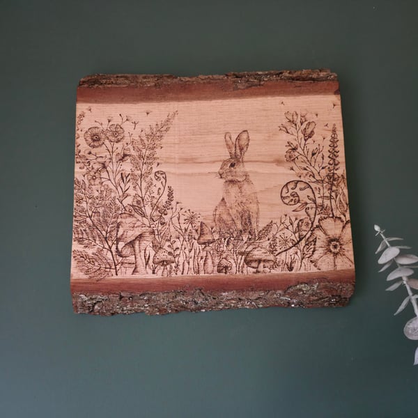 Bunny pyrography on live edge board 