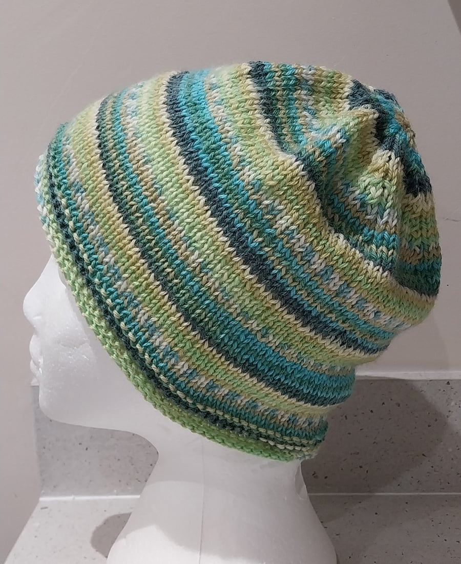 Handknit strioed Beanie Hat jacquard Greens S 