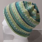 Handknit strioed Beanie Hat jacquard Greens S 