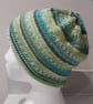 Handknit strioed Beanie Hat jacquard Greens S 