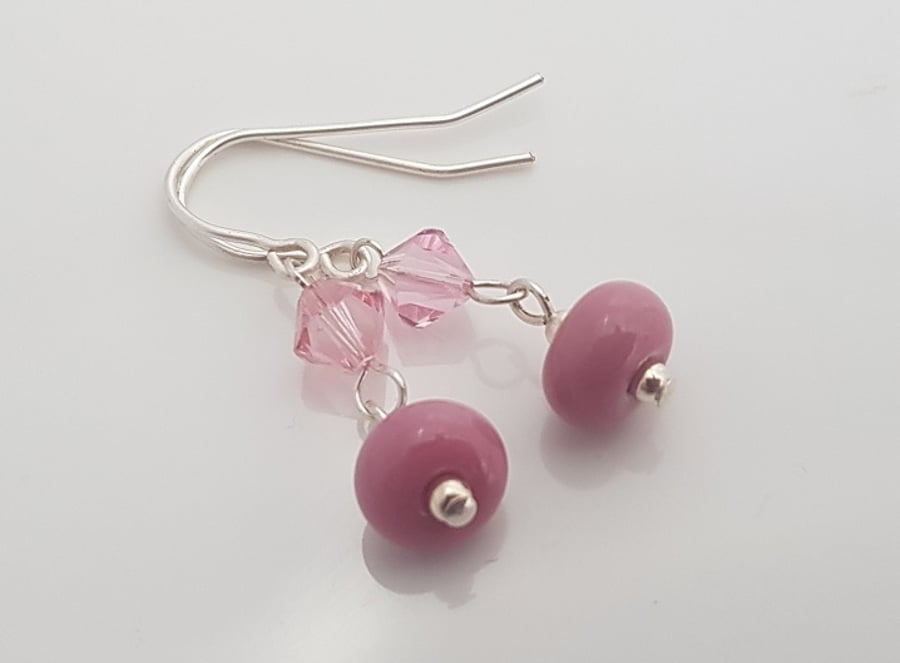 Soft Rose Glass Beads with Swarovski Crystal Drop Earrings.