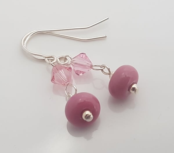 Soft Rose Glass Beads with Swarovski Crystal Drop Earrings.