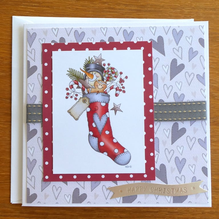 Snowman in a Stocking Christmas Card - Happy Christmas - Hearts
