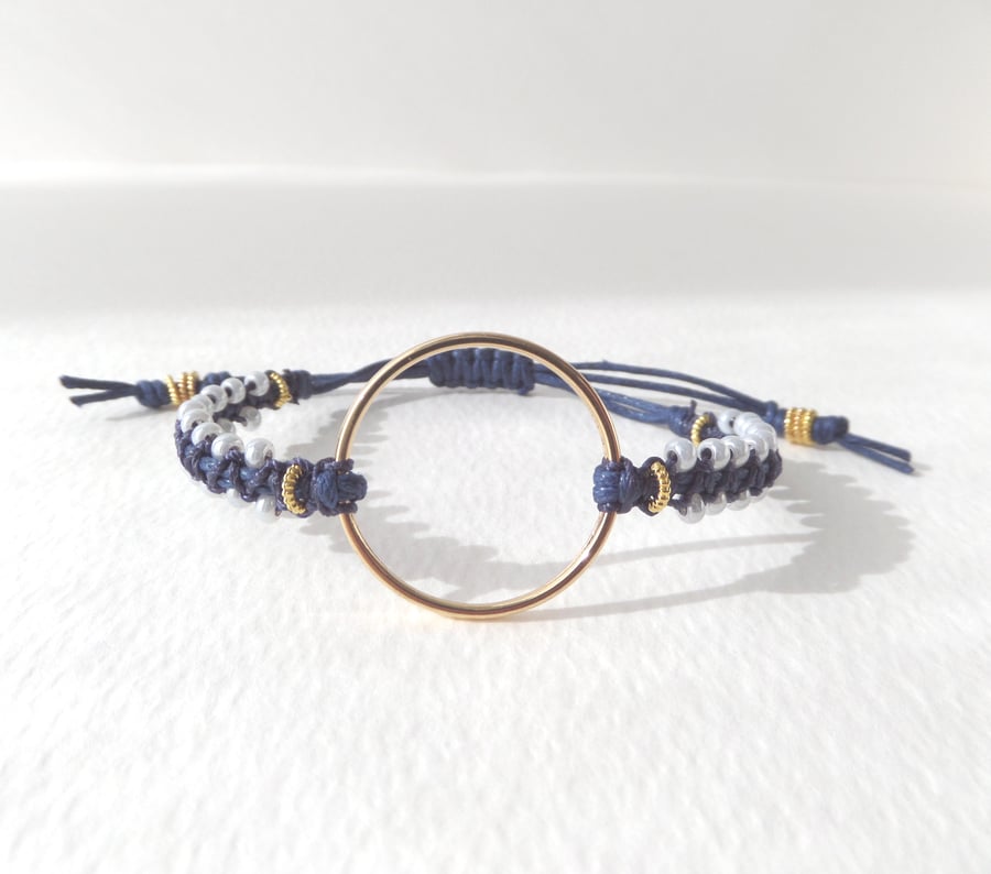 Gold Open Circle Blue Beaded Adjustable Bracelet