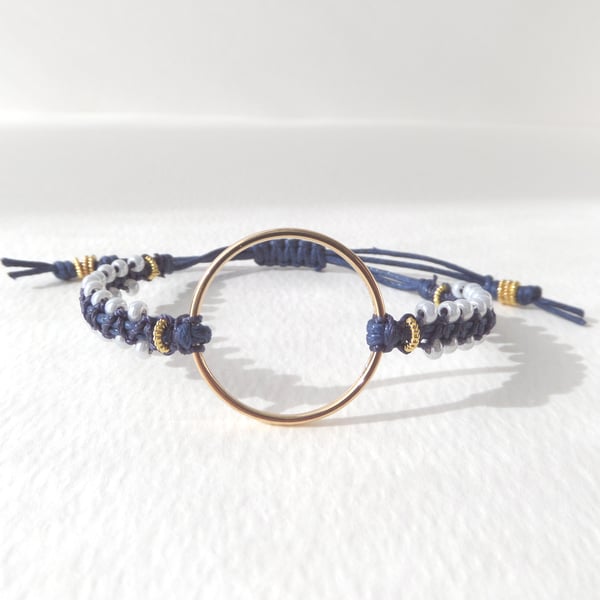 Gold Open Circle Blue Beaded Adjustable Bracelet