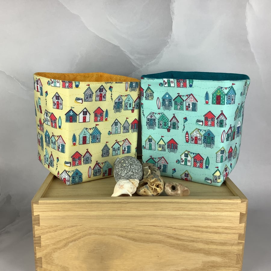 Beach Huts Seaside Fabric basket, storage bin, Choice of colours,Handmade