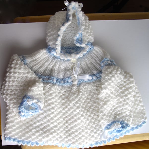 Hand Knitted Blue and White Hooded Baby Top - UK Free Post