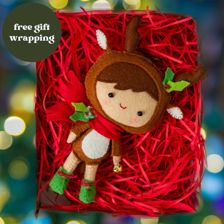Reindeer Pixie boy - an heirloom hand-stitched Christmas woodland decoration