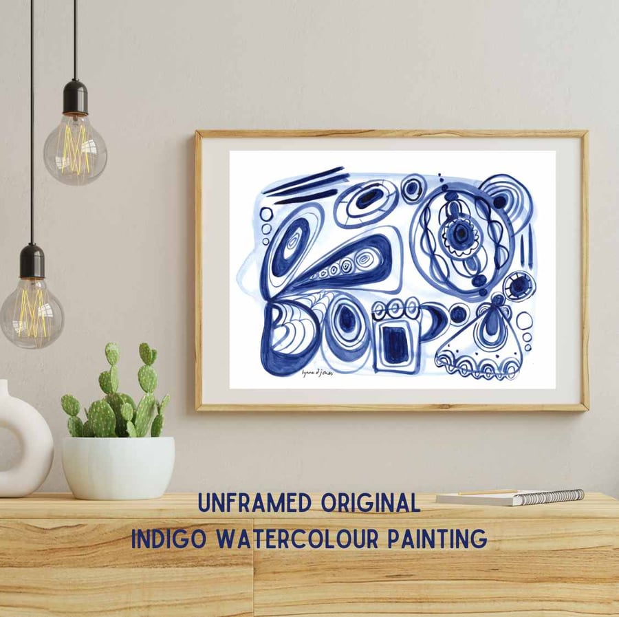 Indigo blue abstract painting A4 unframed