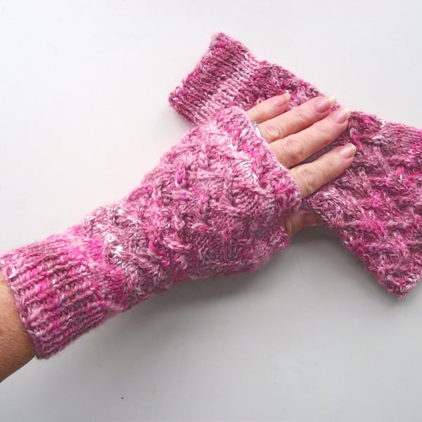 Pink Wristwarmers, Fingerless Texting Gloves, Handspun Knit, Merino, Silk