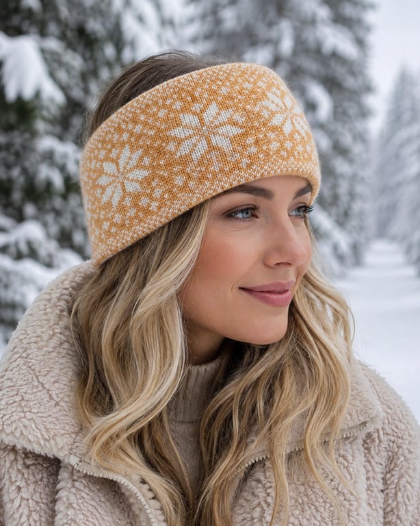 Ladies Hand-knitted Headband, Yellow and Cream Snowflake Design