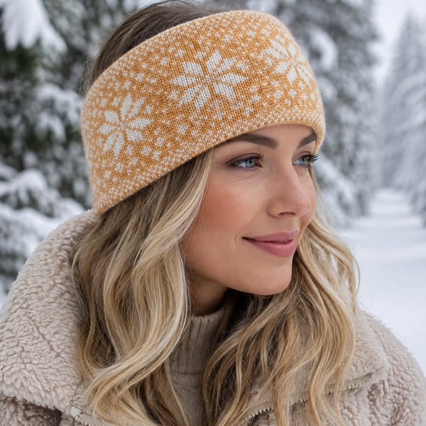 Ladies Hand-knitted Headband, Yellow and Cream Snowflake Design