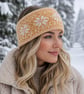 Ladies Hand-knitted Headband, Yellow and Cream Snowflake Design
