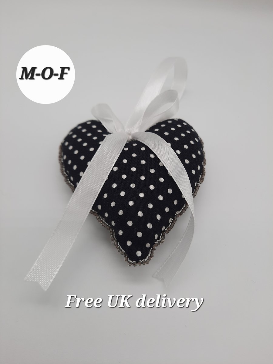 Polkadot heart hanger with seed bead edging.  