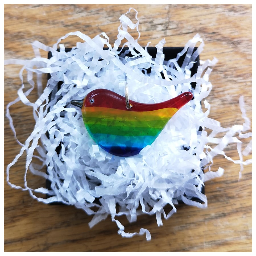 small red back 'Rainbow Wren of Hope' glass pendant with jump ring 