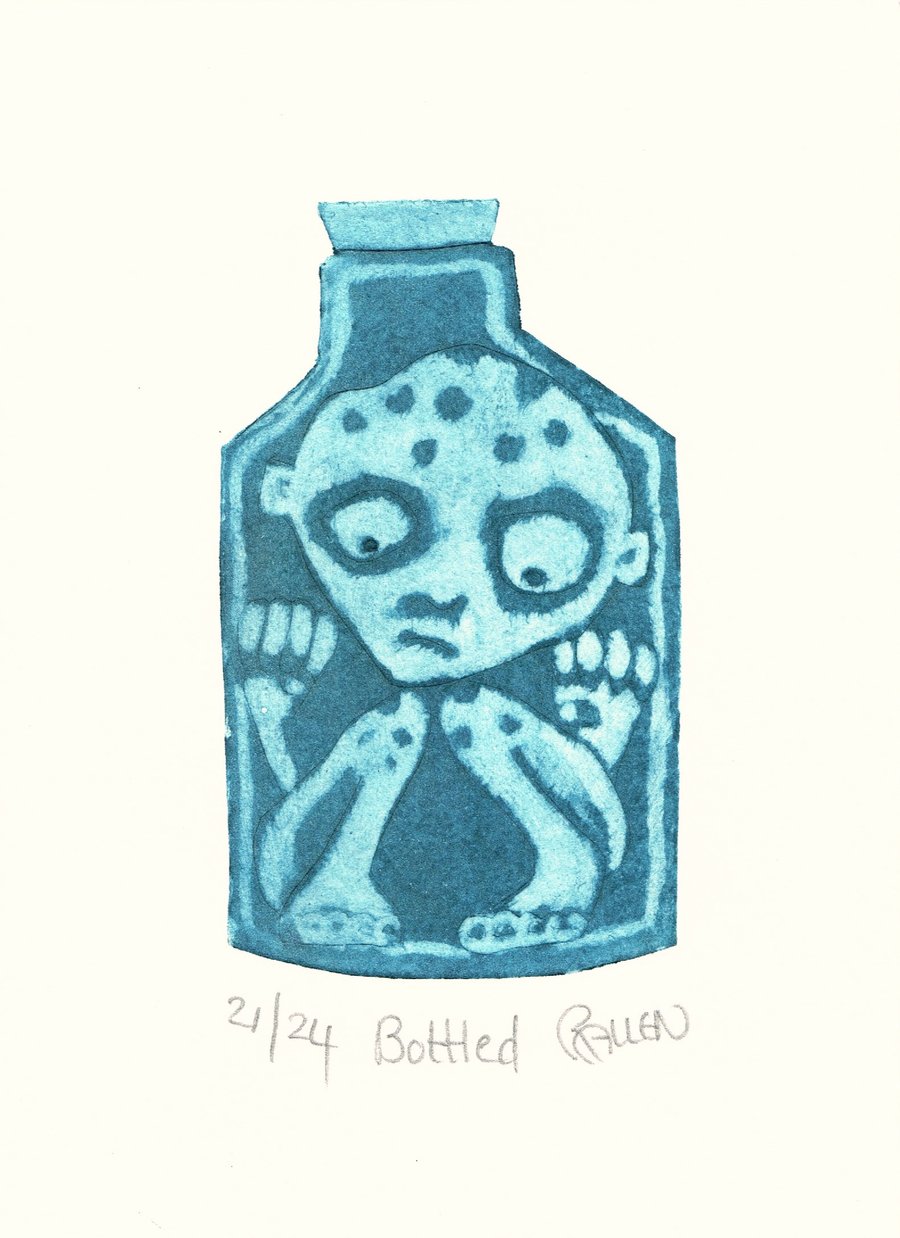 Pixie in a bottle blue collagraph limited edition print