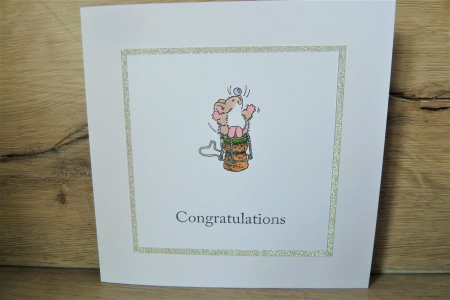 mouse on champagne cork, congratulations card