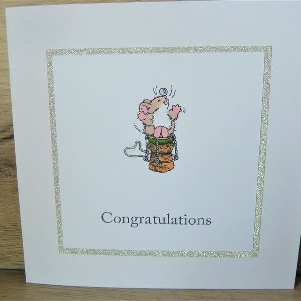 mouse on champagne cork, congratulations card
