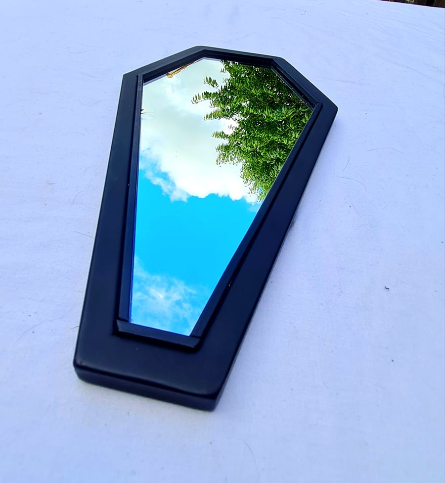 Small upcycled coffin shaped mirror 
