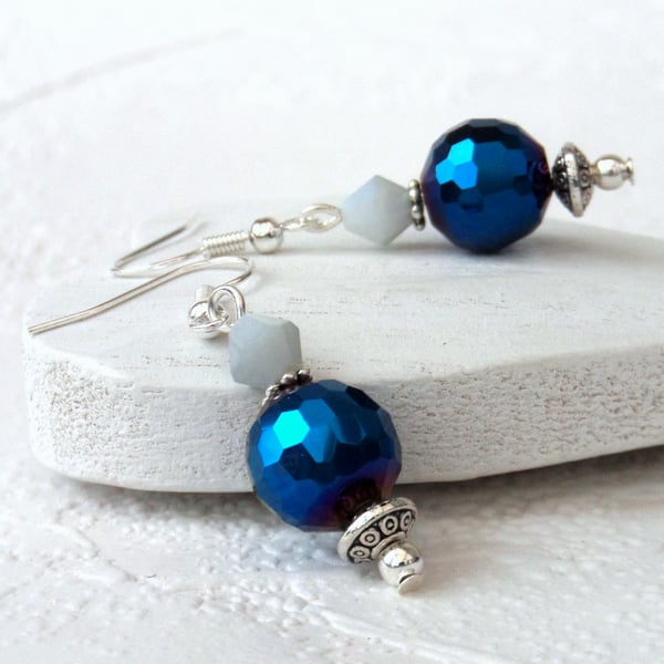 Metallic blue crystal earrings, sparkly earrings, 15th anniversary gift
