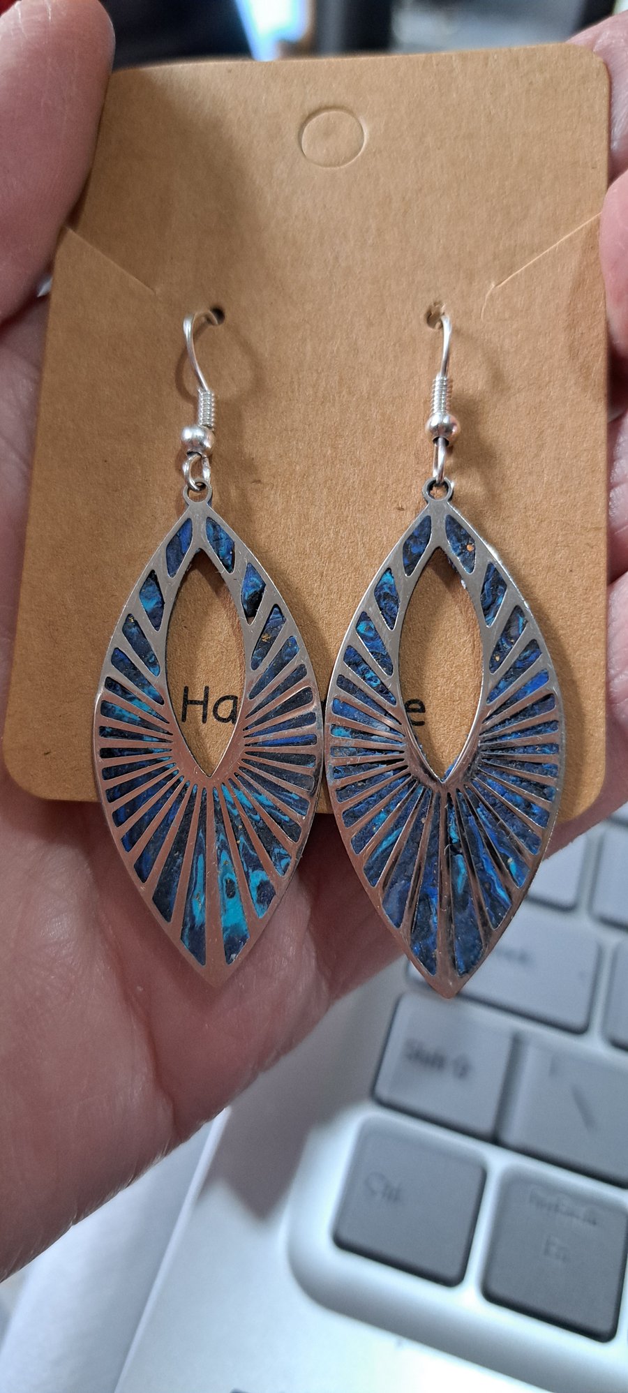 Lovely pair of silver oval, polymer clay earrings blue and turquoise