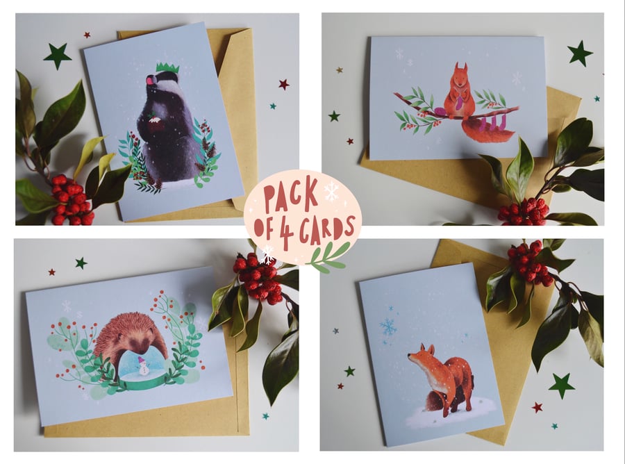 Woodland Animals Christmas Card Collection - 4 Recycled & Eco Friendly Cards