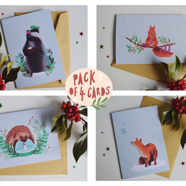 Woodland Animals Christmas Card Collection - 4 Recycled & Eco Friendly Cards