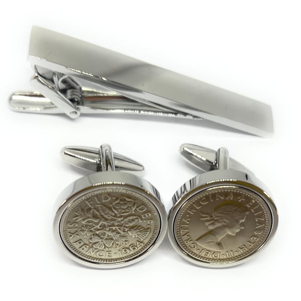 1964 Sixpence Coin Cufflinks Mens 60th Birthday Gift  Tie Set 
