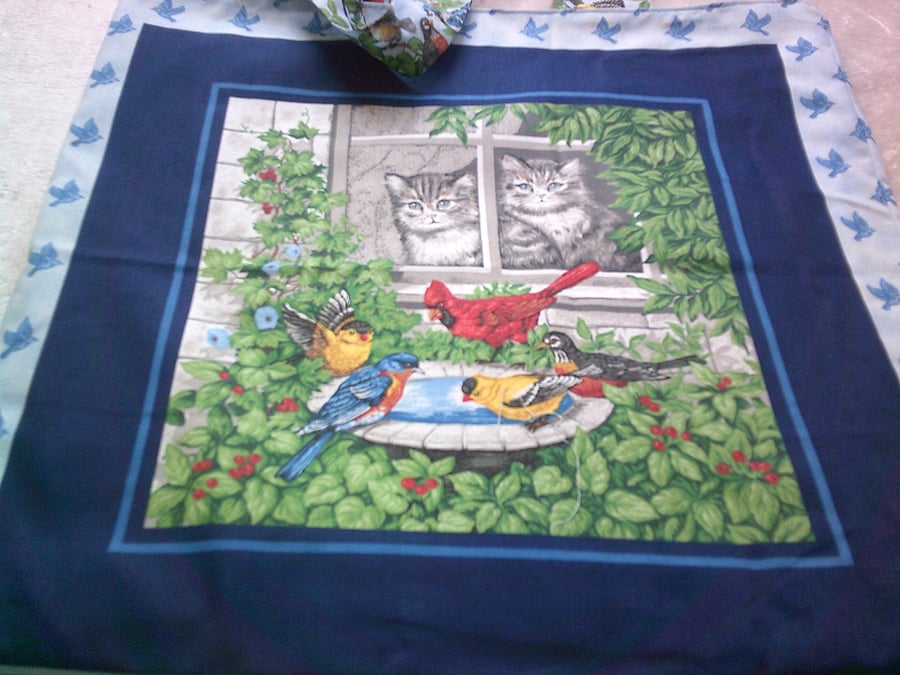 Cat at the Window Watching the Birds in the Garden Fabric Shopping Bag