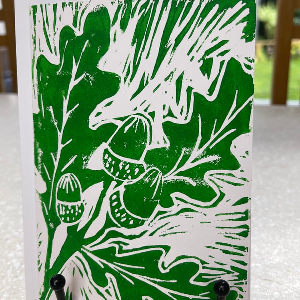 Oak leaf, hand printed Lino cut greetings card