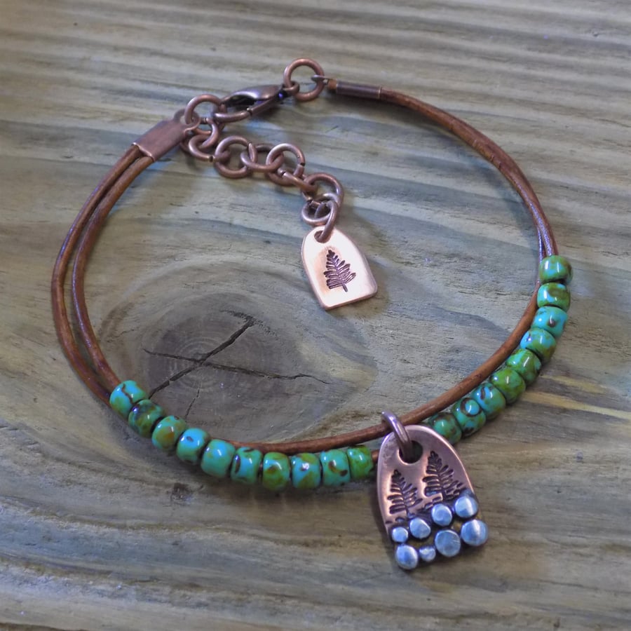 Copper and silver 'treeline' beaded leather bracelet (alpine 2)