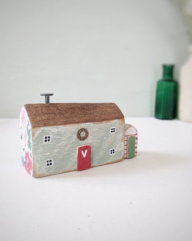 Handmade Painted Wooden Seaside Cottage with Teeny Stripy Shed