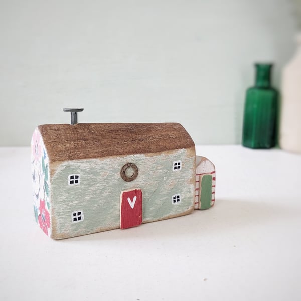Handmade Painted Wooden Seaside Cottage with Teeny Stripy Shed