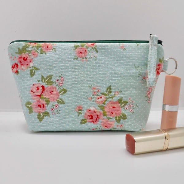 Make up bag in blue roses print fabric   