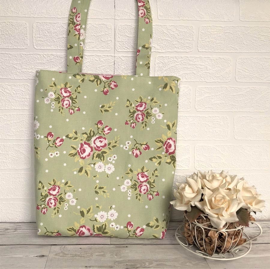Shabby chic floral tote bag in pale green with pink and white flowers