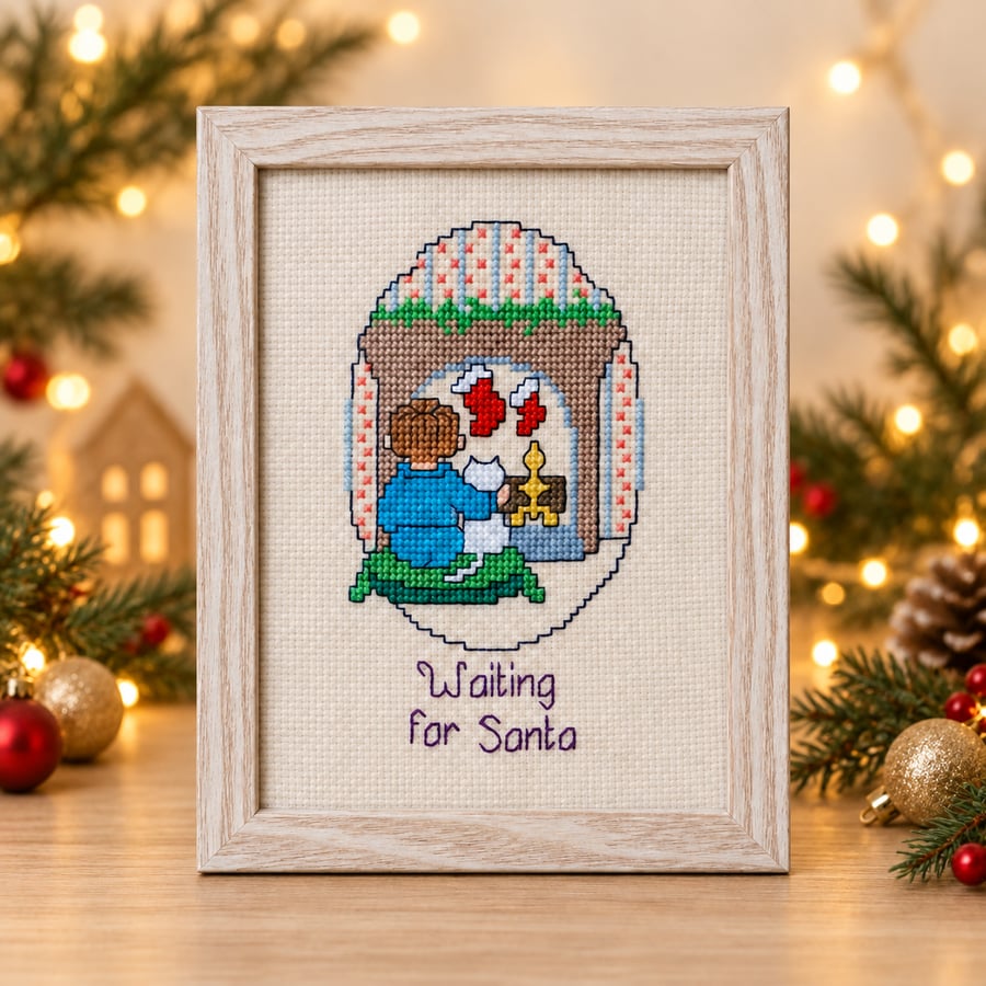 Waiting for Santa – Handmade Framed Christmas Cross Stitch