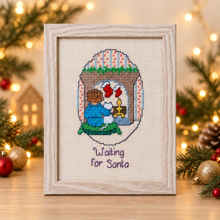 Waiting for Santa – Handmade Framed Christmas Cross Stitch