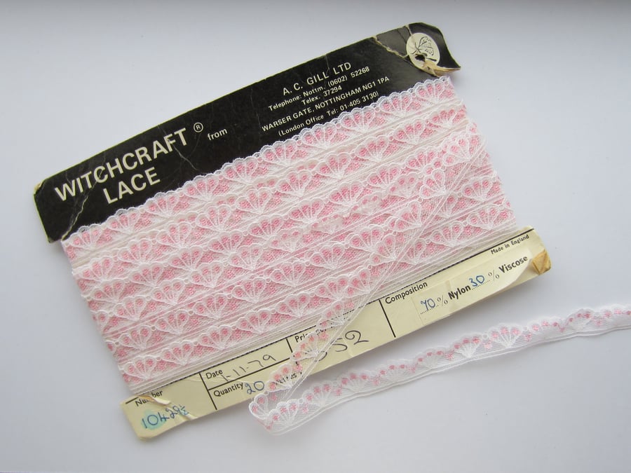 SALE Vintage 1970 s Pink and White Shell Lace on Original Card