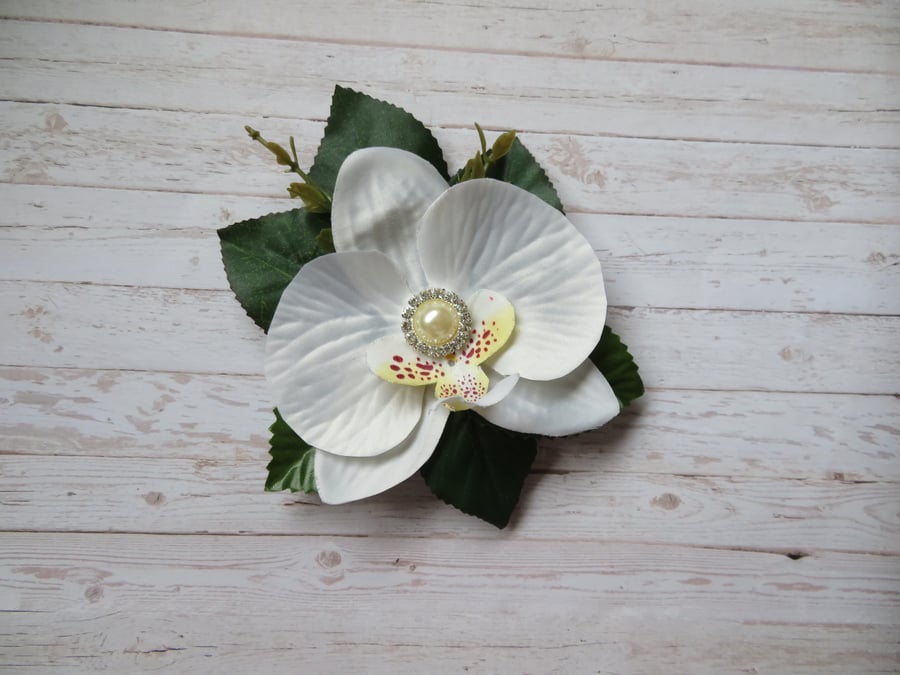 Pale Ivory Orchid Green Foliage Pearl Flower Brooch Corsage Buttonhole Wedding